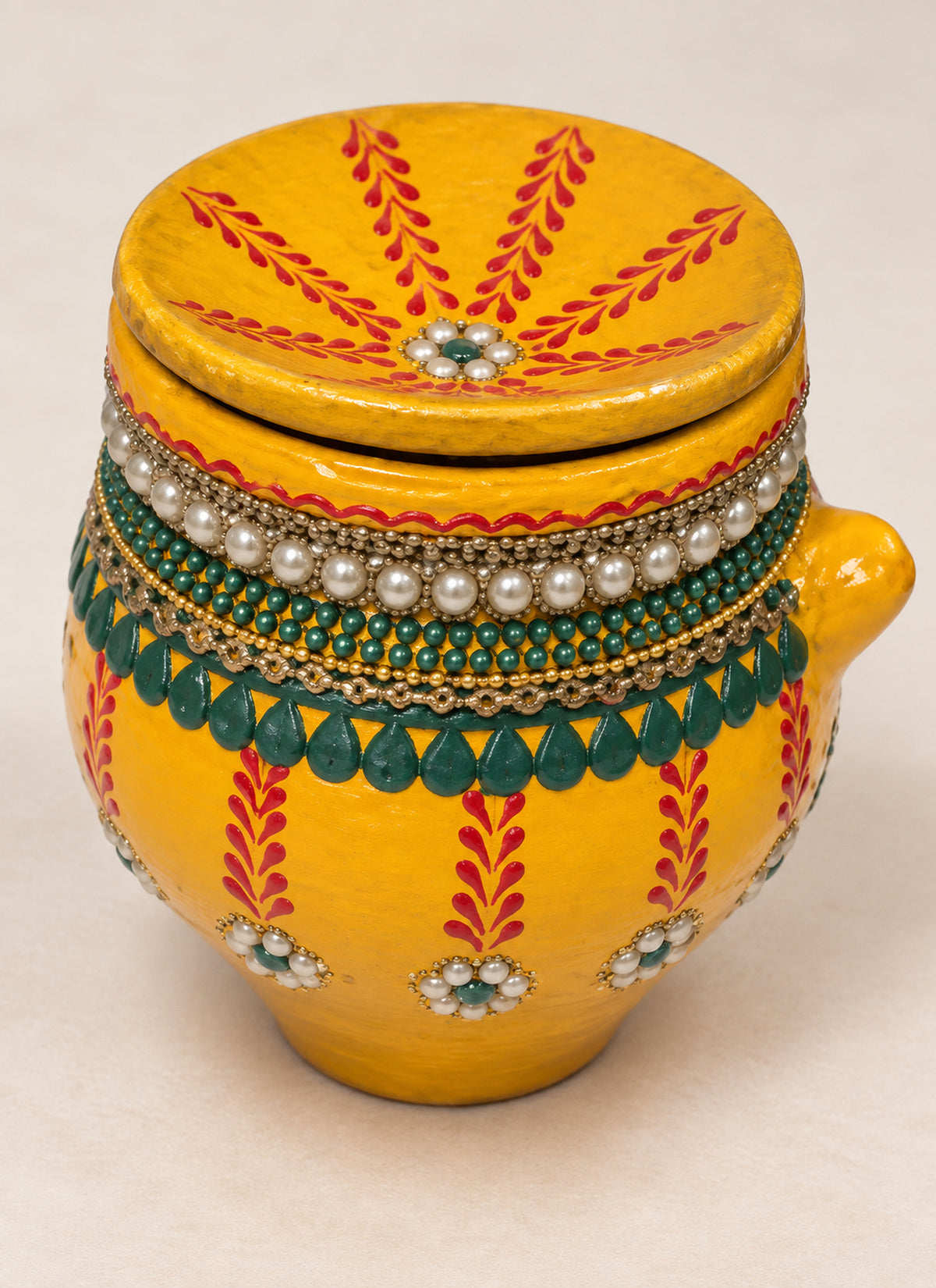 Madhoor Pearl Karwa Chauth Pooja Set Yellow Green 3 Pieces