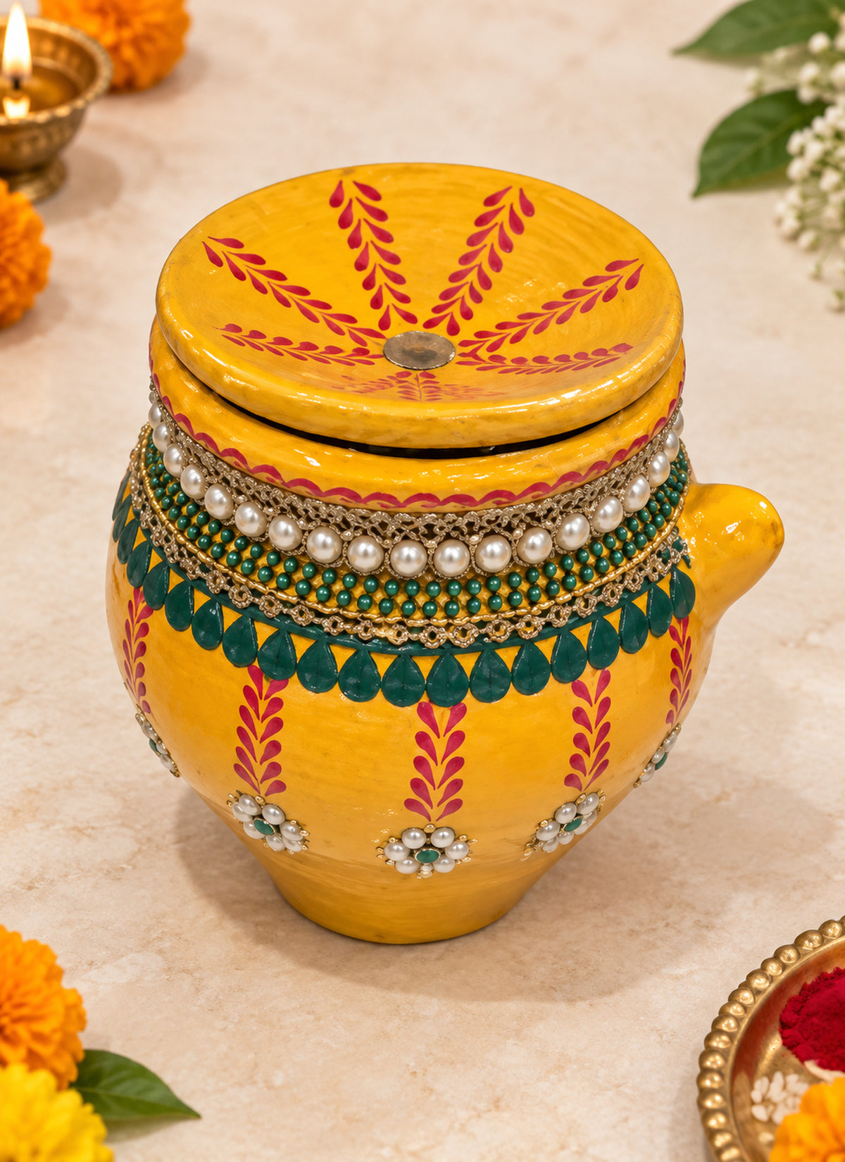 Madhoor Pearl Karwa Chauth Pooja Set Yellow Green 3 Pieces