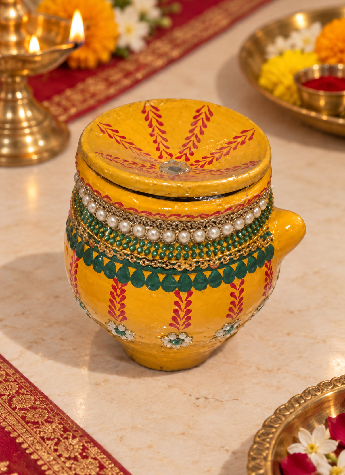 Madhoor Pearl Karwa Chauth Pooja Set Yellow Green 3 Pieces