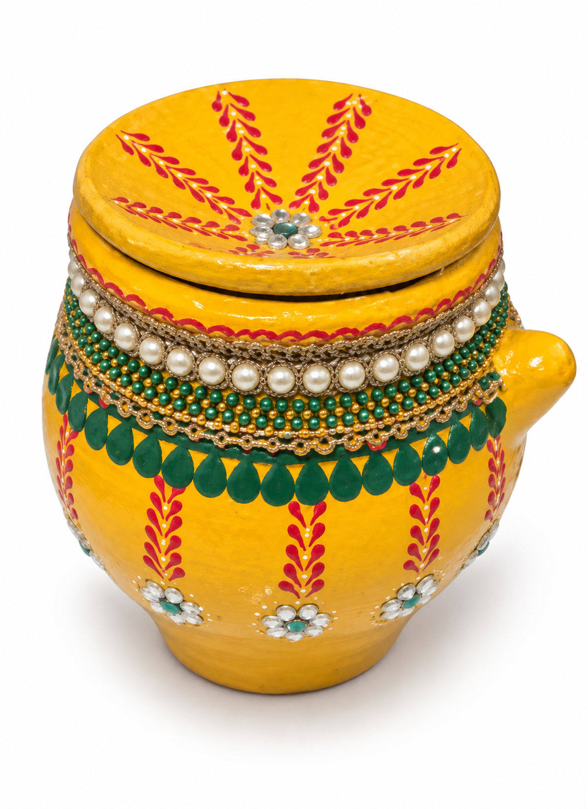Madhoor Pearl Karwa Chauth Pooja Set Yellow Green 3 Pieces