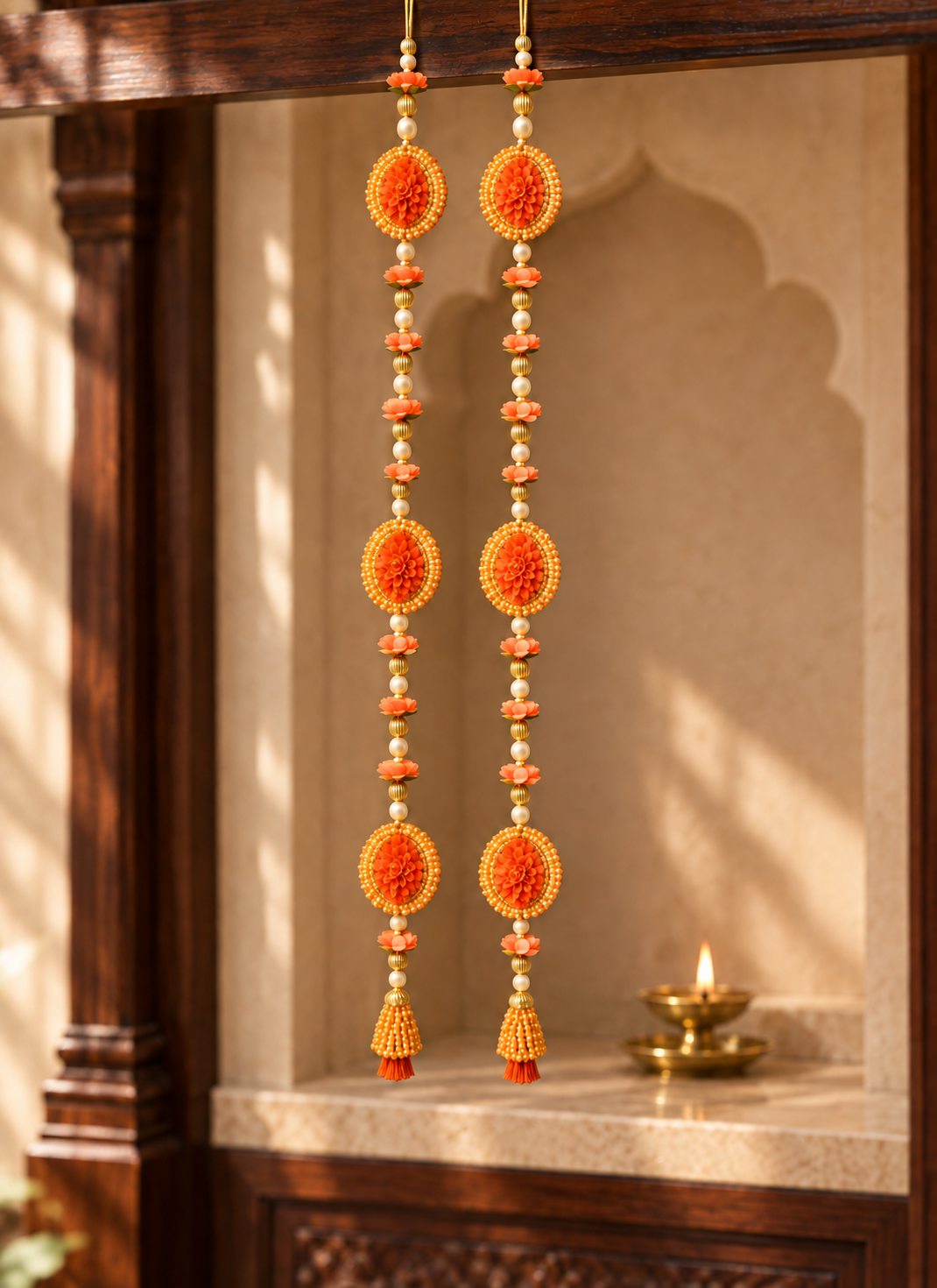 Madhoor Floral Tassel Latkan Orange 3 Feet Set of 2