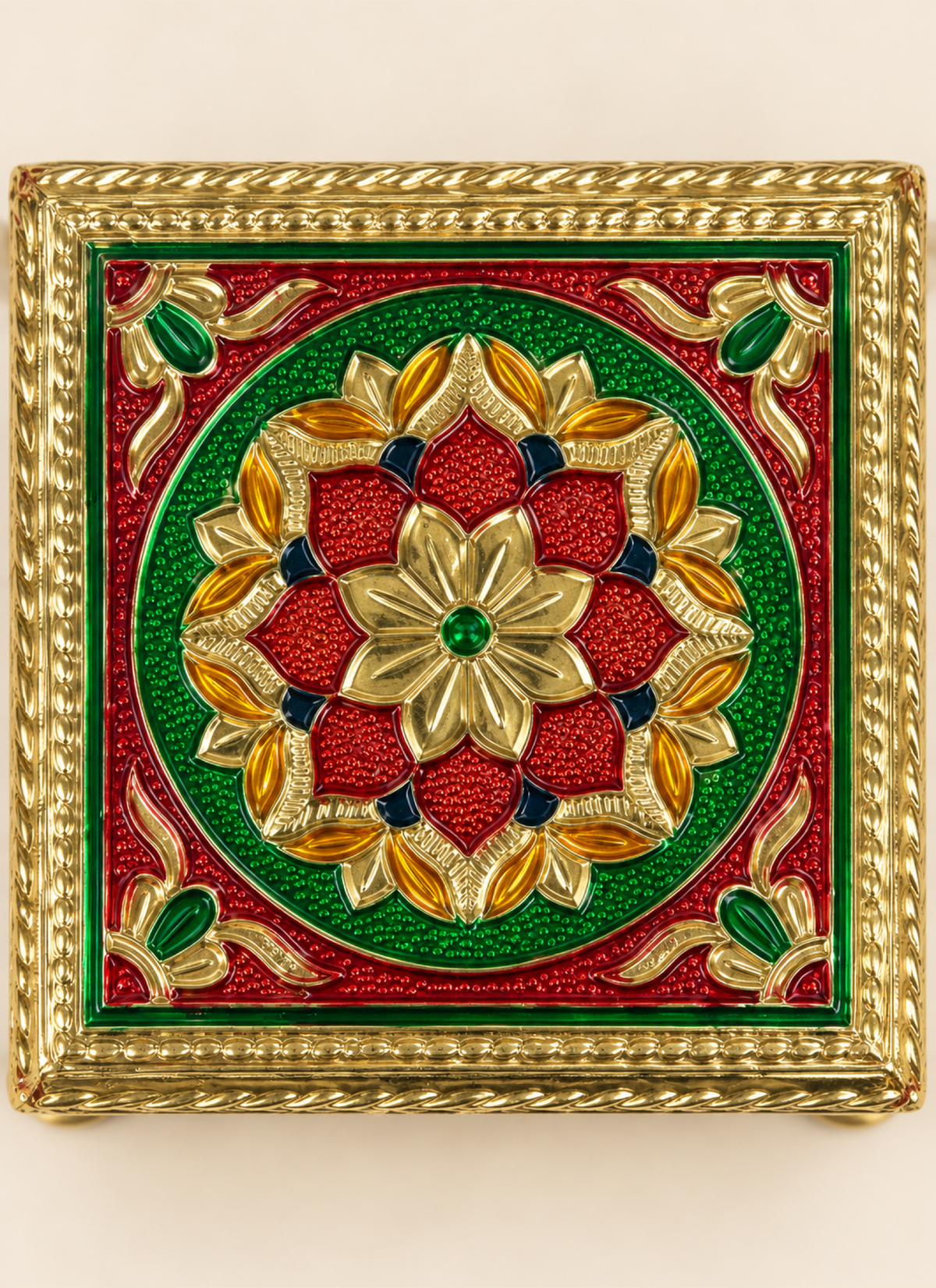 Madhoor Metal Pooja Chowki Gold-Tone 4 x 4 Inches 1 Piece