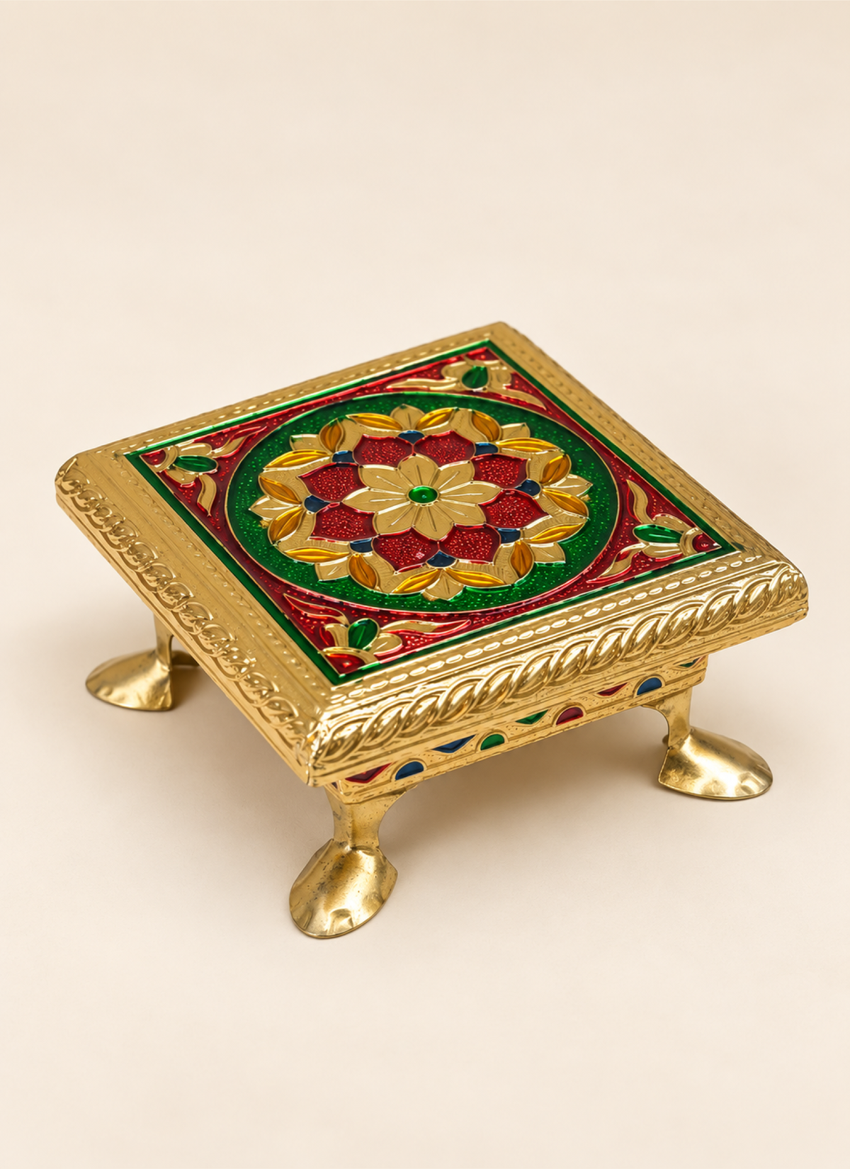 Madhoor Metal Pooja Chowki Gold-Tone 4 x 4 Inches 1 Piece