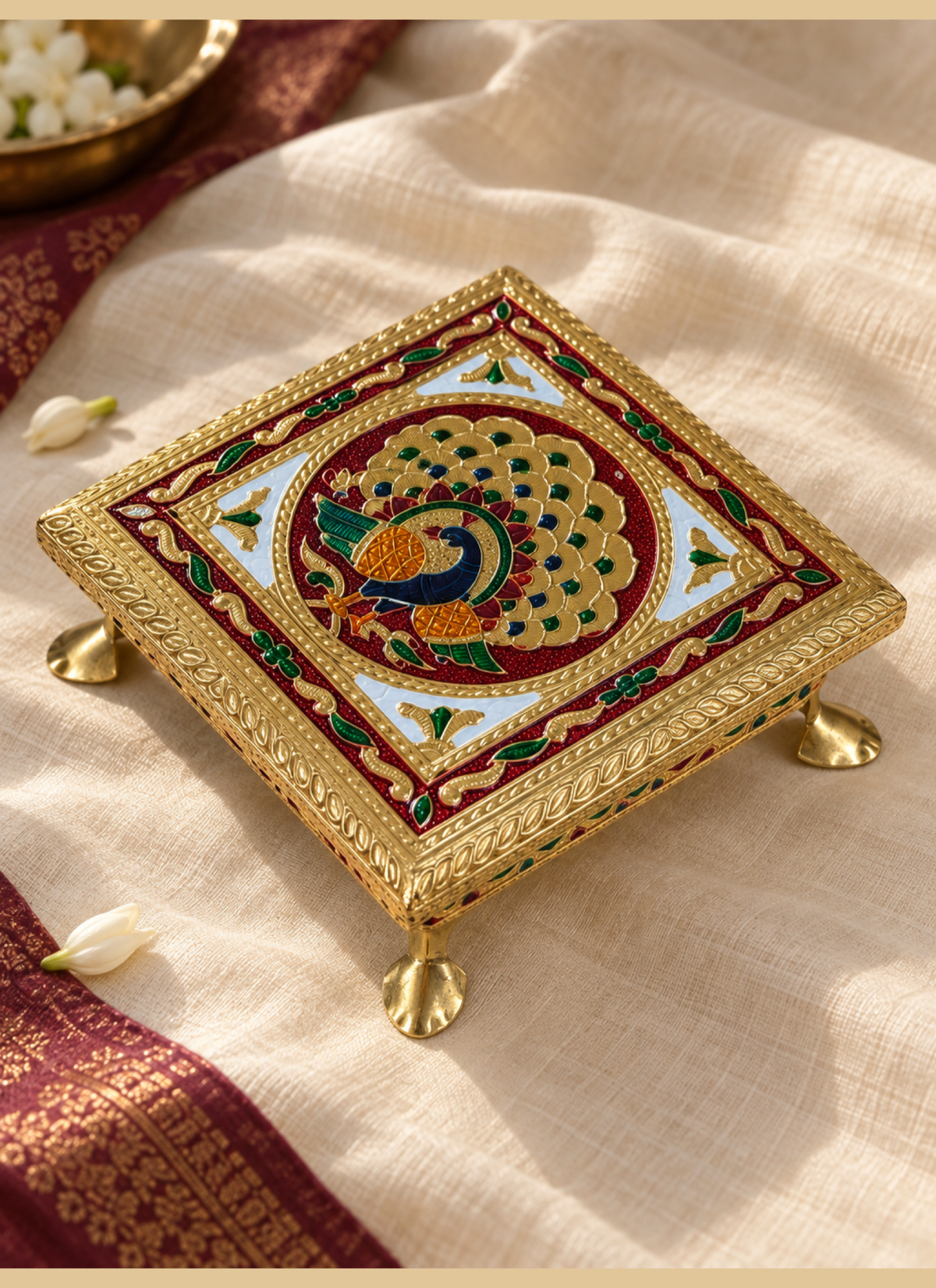 Madhoor Peacock Pooja Chowki Multicolour 6 x 6 Inches 1 Piece