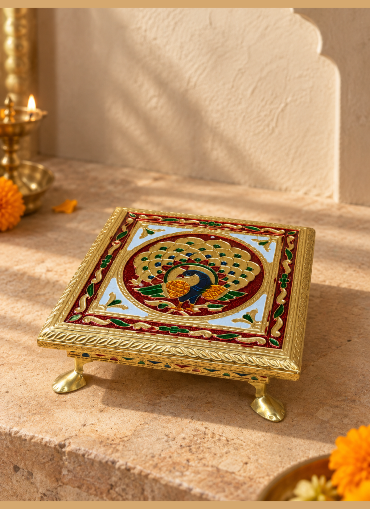 Madhoor Peacock Pooja Chowki Multicolour 6 x 6 Inches 1 Piece