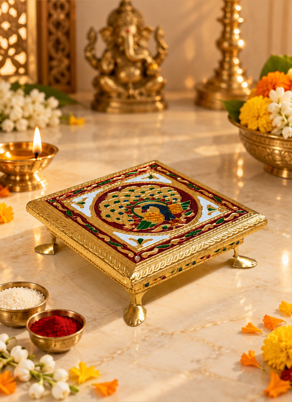 Madhoor Peacock Pooja Chowki Multicolour 6 x 6 Inches 1 Piece