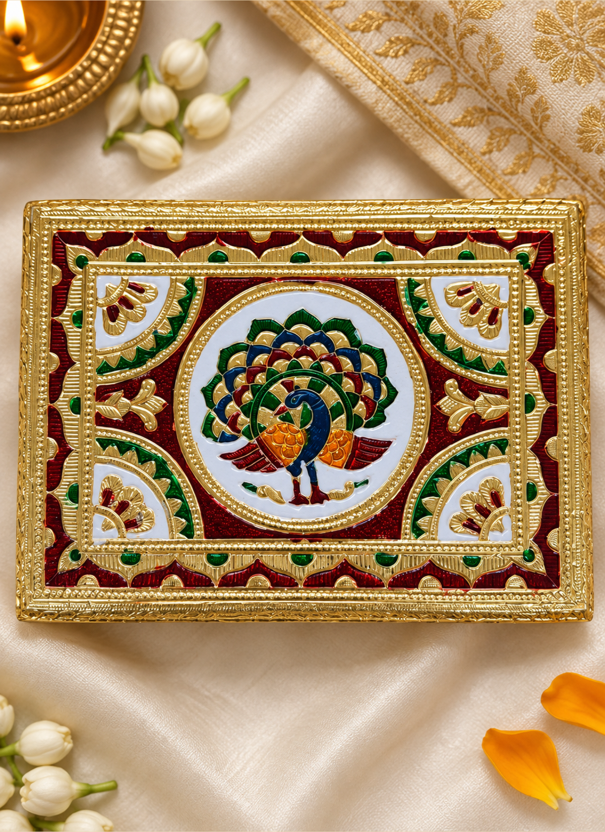 Madhoor Peacock Pooja Chowki Red Green Blue 6 x 8 Inches 1 Piece