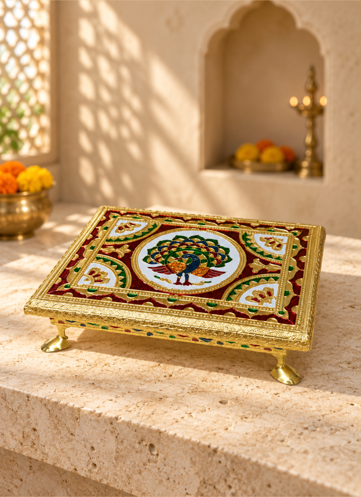 Madhoor Peacock Pooja Chowki Red Green Blue 6 x 8 Inches 1 Piece
