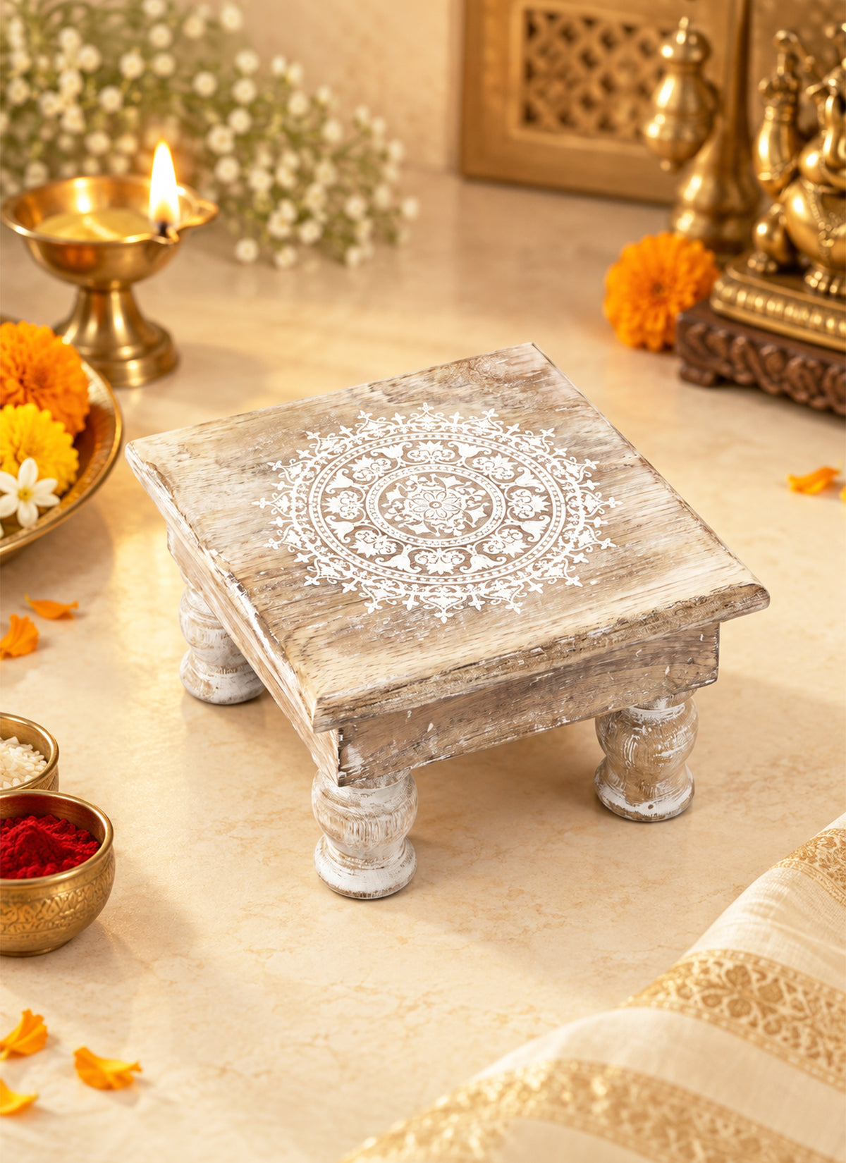 Madhoor Mandala Pooja Chowki White Brown 6 x 6 Inches 1 Piece