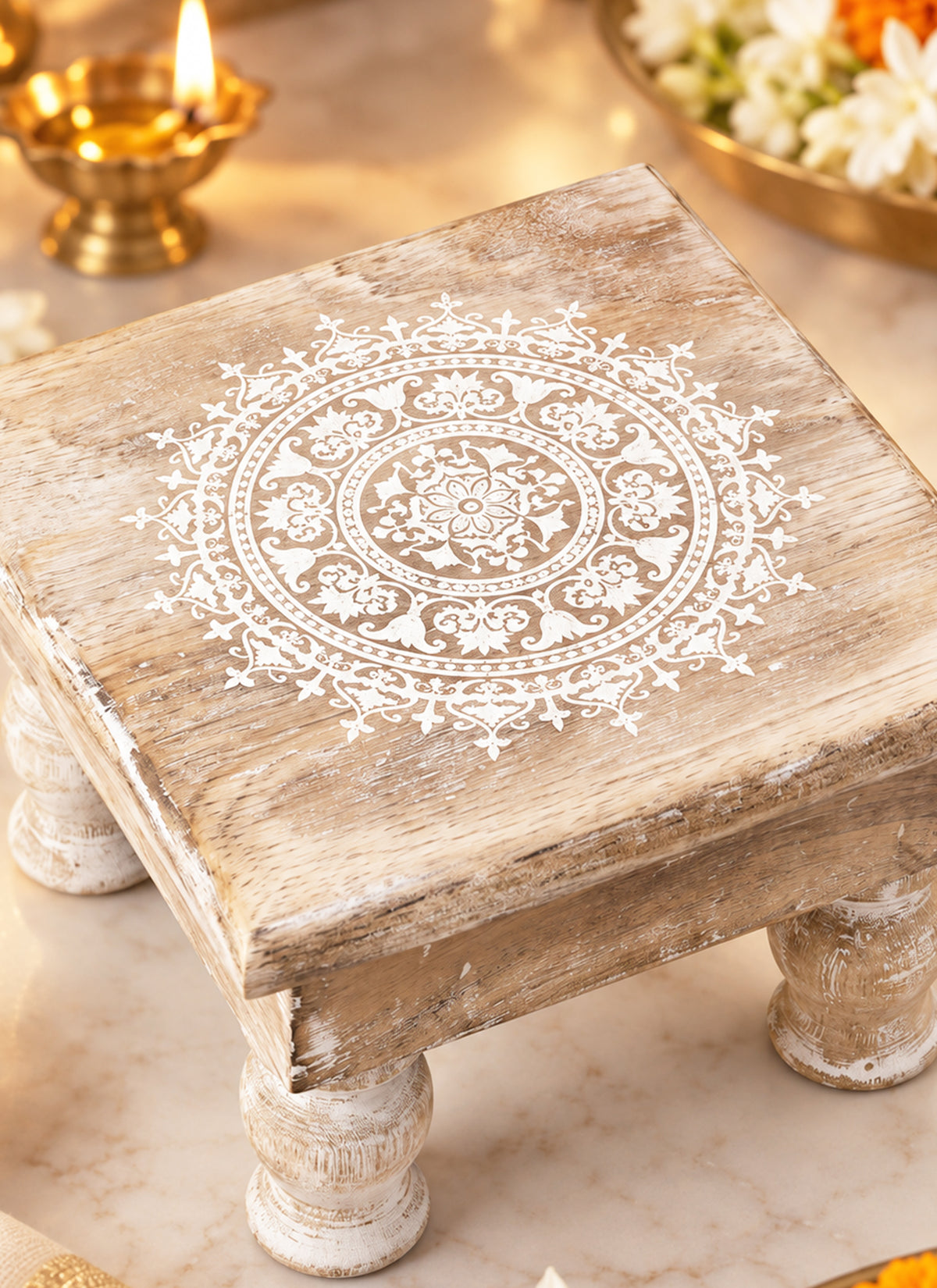 Madhoor Mandala Pooja Chowki White Brown 6 x 6 Inches 1 Piece