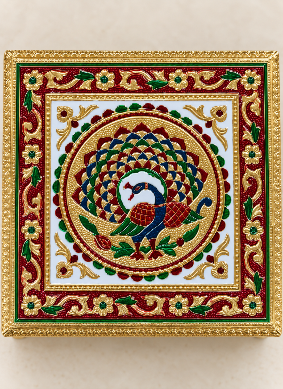 Madhoor Peacock Pooja Chowki 9 x 9 Inches 1 Piece