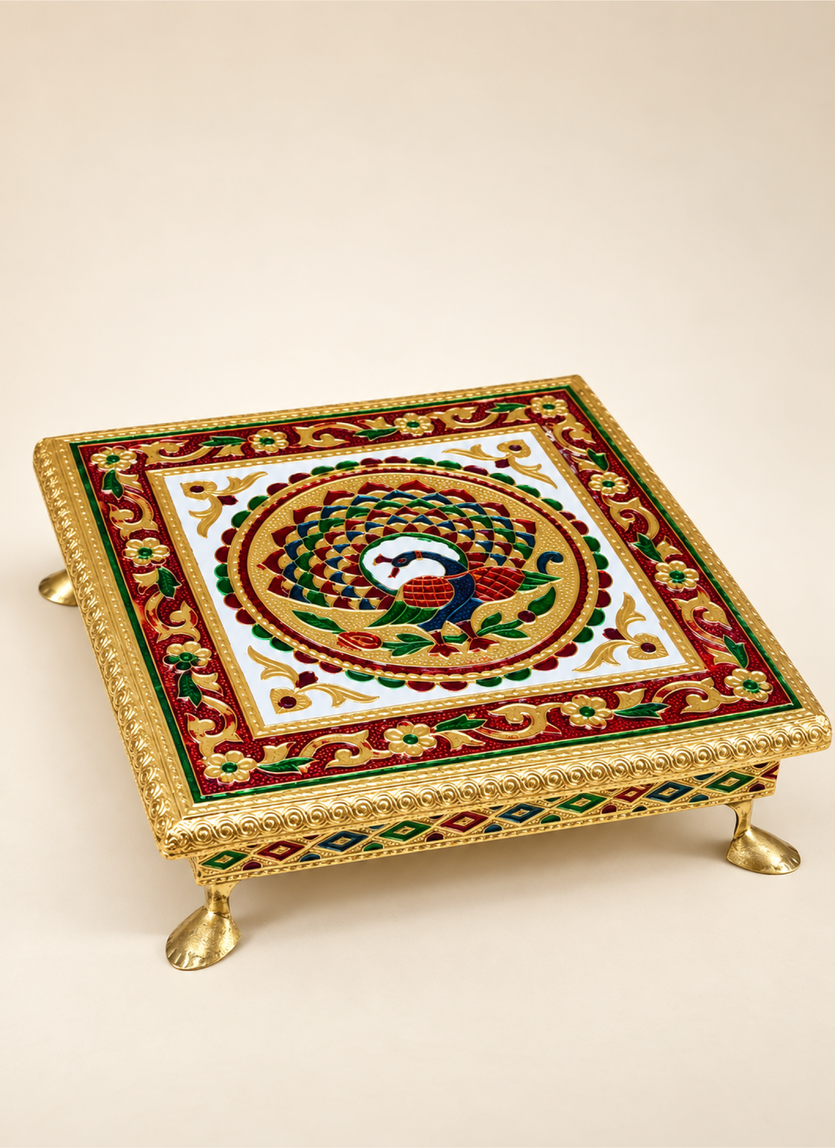 Madhoor Peacock Pooja Chowki 9 x 9 Inches 1 Piece