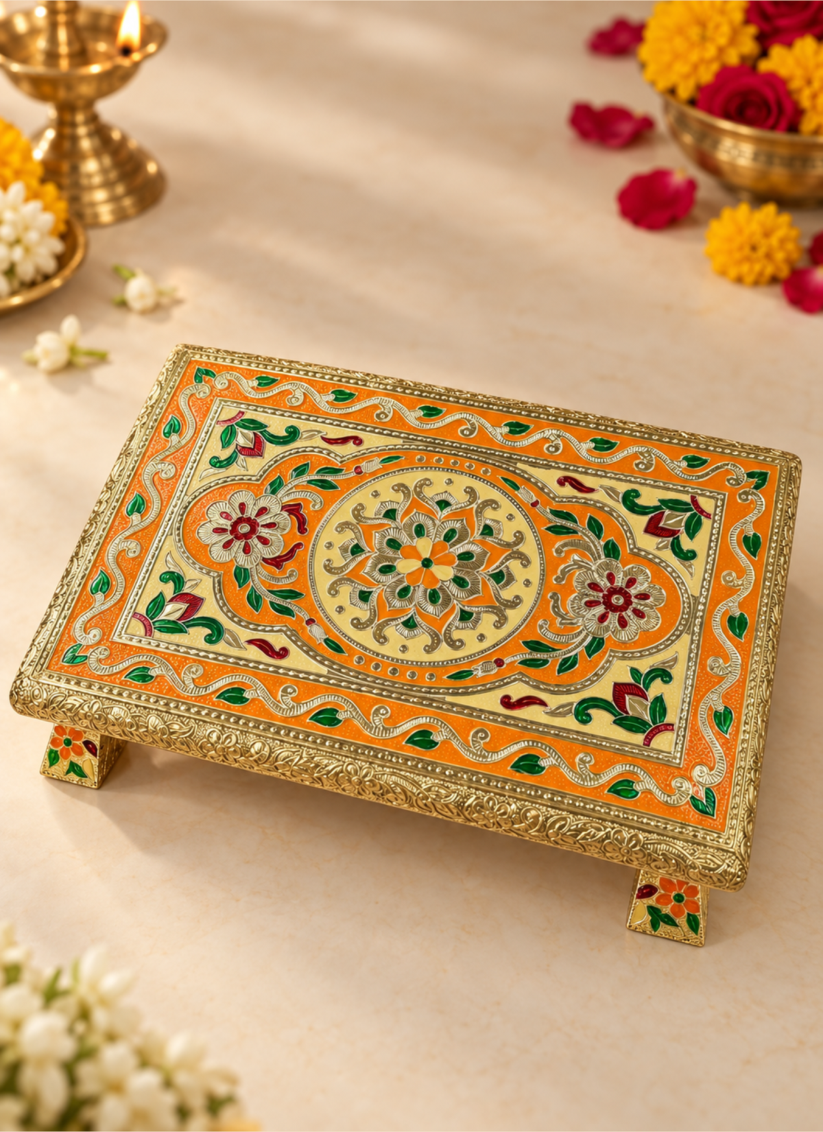 Madhoor Mandala Pooja Chowki Orange Green 8 x 12 Inches 1 Piece