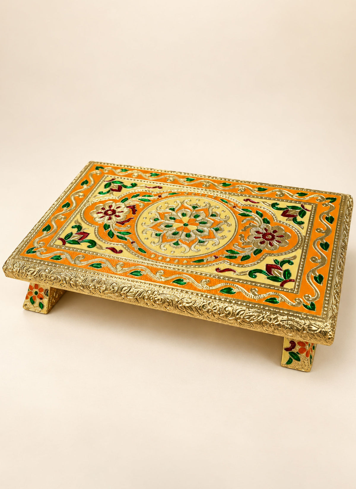 Madhoor Mandala Pooja Chowki Orange Green 8 x 12 Inches 1 Piece