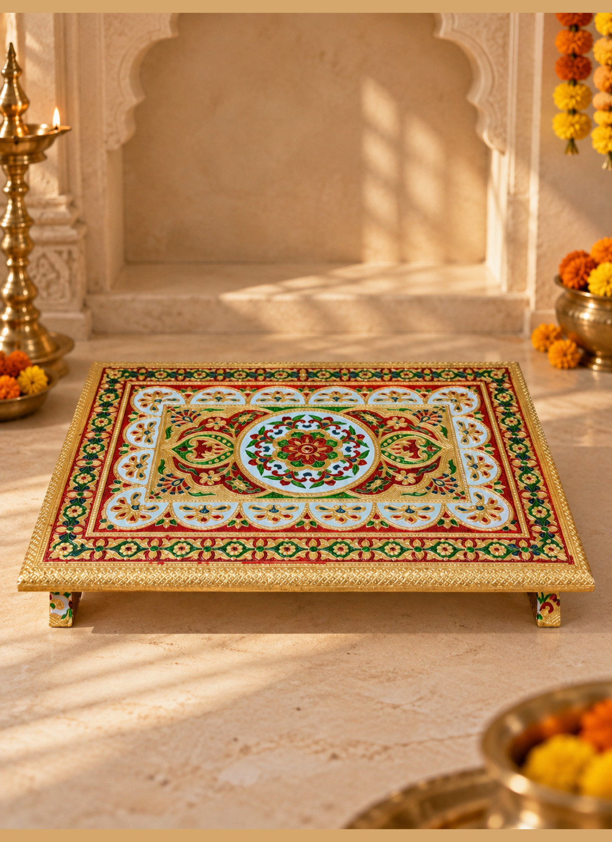 Madhoor Mandala Pooja Chowki Red Green Blue 15 x 21 Inches 1 Piece
