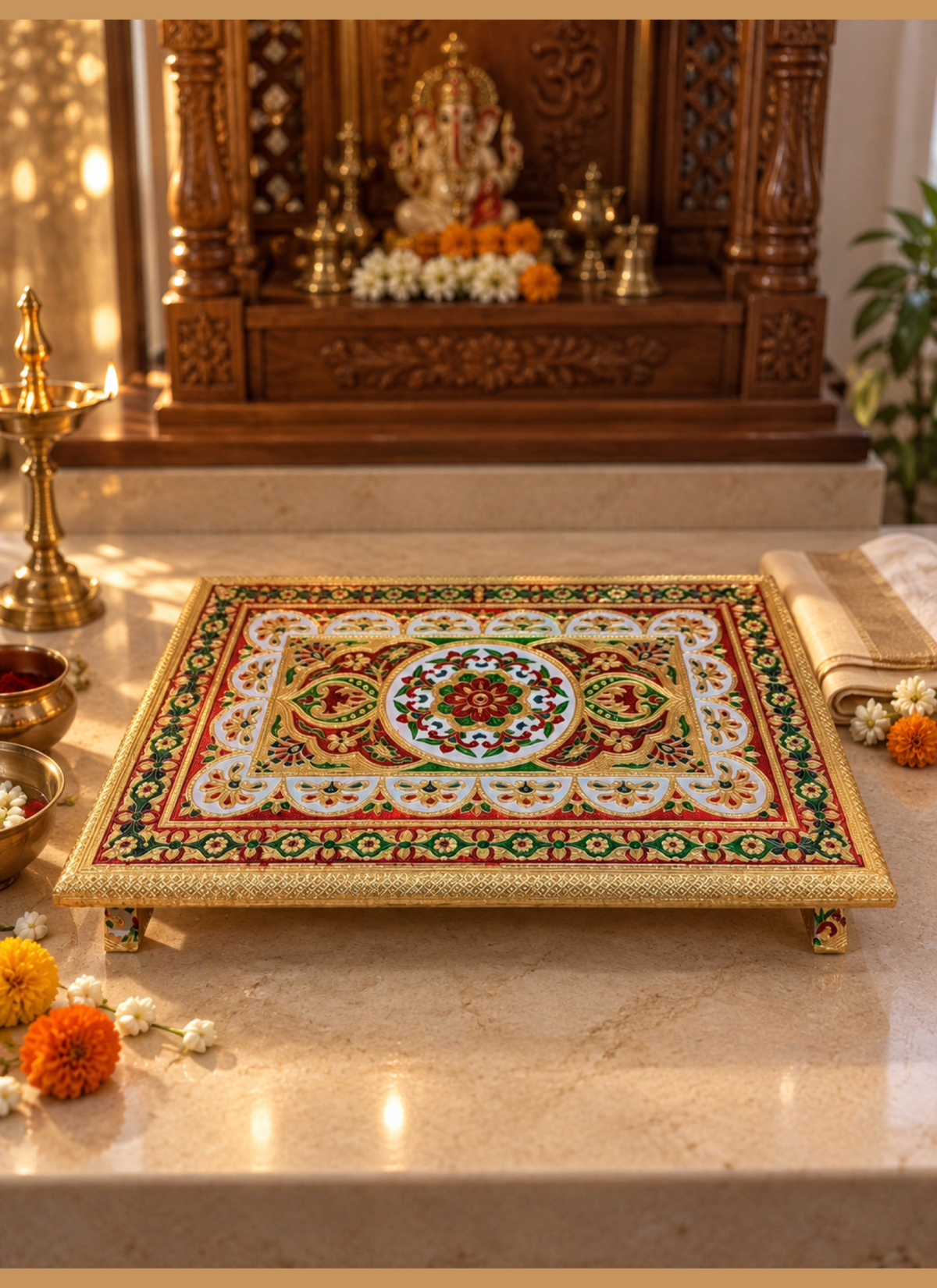 Madhoor Mandala Pooja Chowki Red Green Blue 15 x 21 Inches 1 Piece