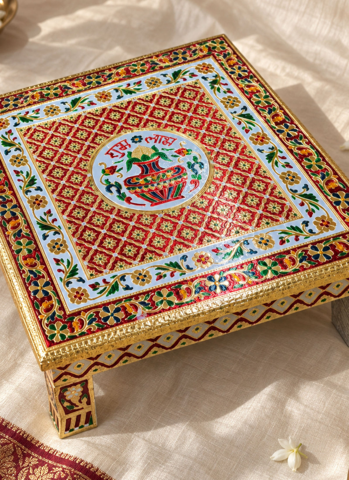 Madhoor Kalash Swastik Pooja Chowki Red Yellow Green 18 x 18 Inches 1 Piece