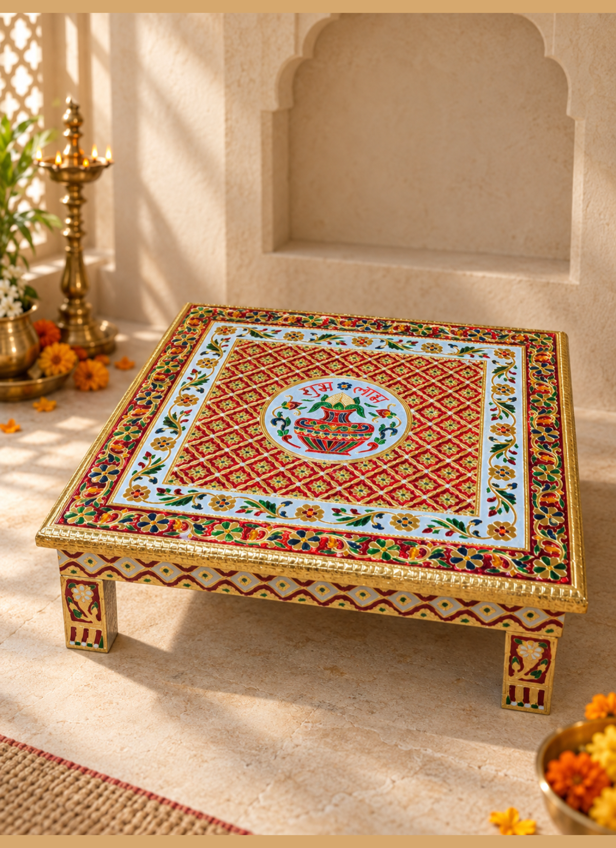 Madhoor Kalash Swastik Pooja Chowki Red Yellow Green 18 x 18 Inches 1 Piece