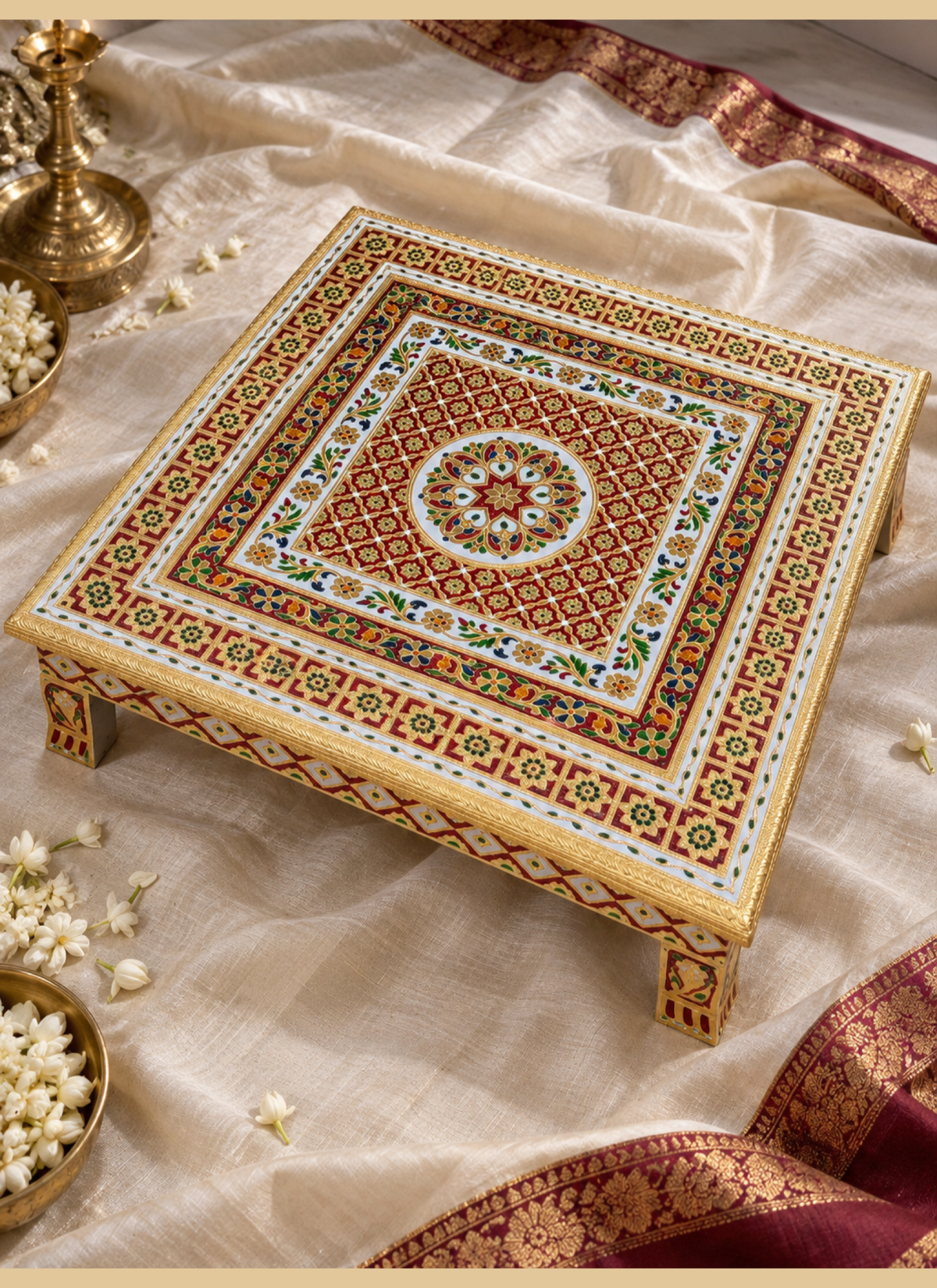 Madhoor Mandala Pooja Chowki Red Green Blue 24 x 24 Inches 1 Piece