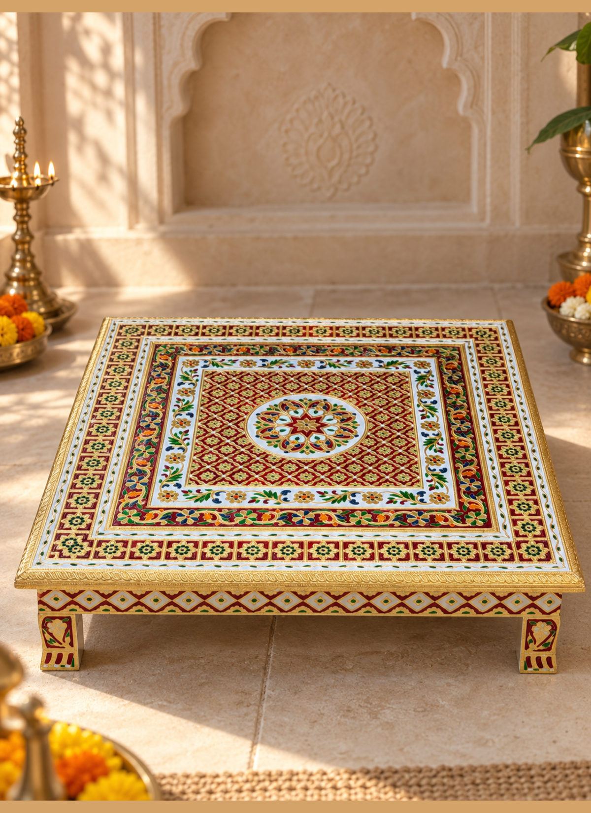 Madhoor Mandala Pooja Chowki Red Green Blue 24 x 24 Inches 1 Piece
