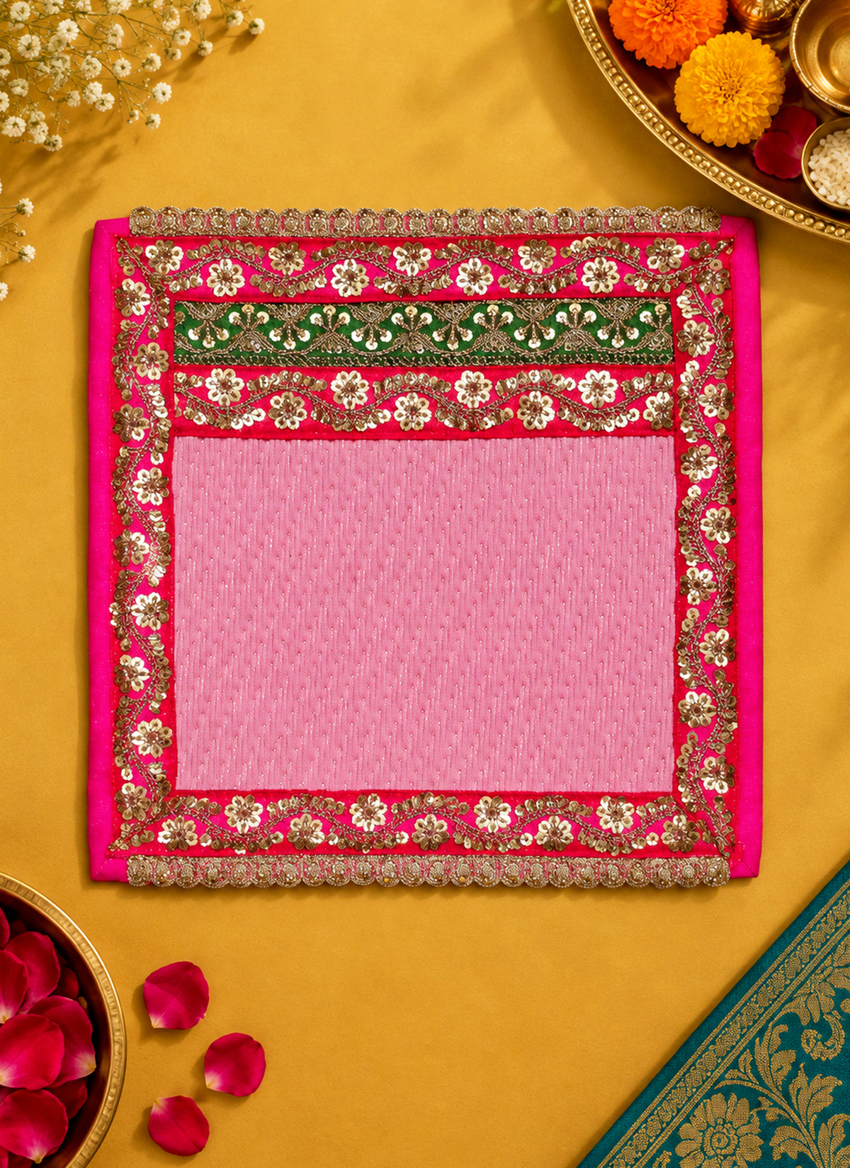 Madhoor Gota Patti Pooja Mat Pink 10 x 10 Inches