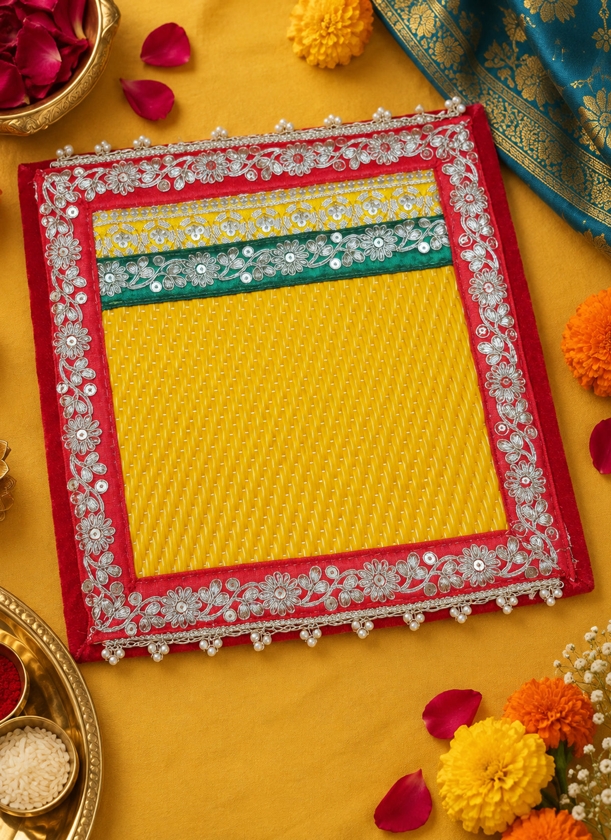 Madhoor Gota Patti Pooja Mat Yellow 10 x 10 Inches