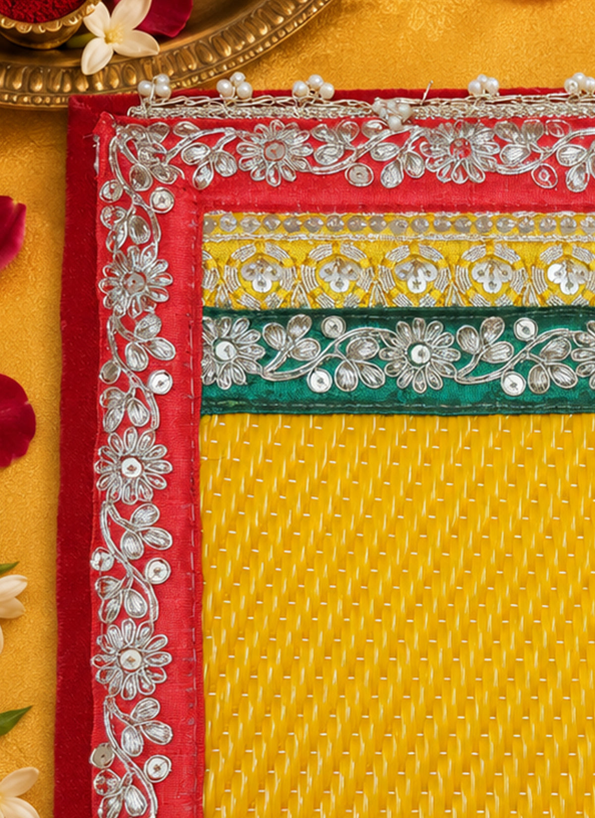 Madhoor Gota Patti Pooja Mat Yellow 10 x 10 Inches