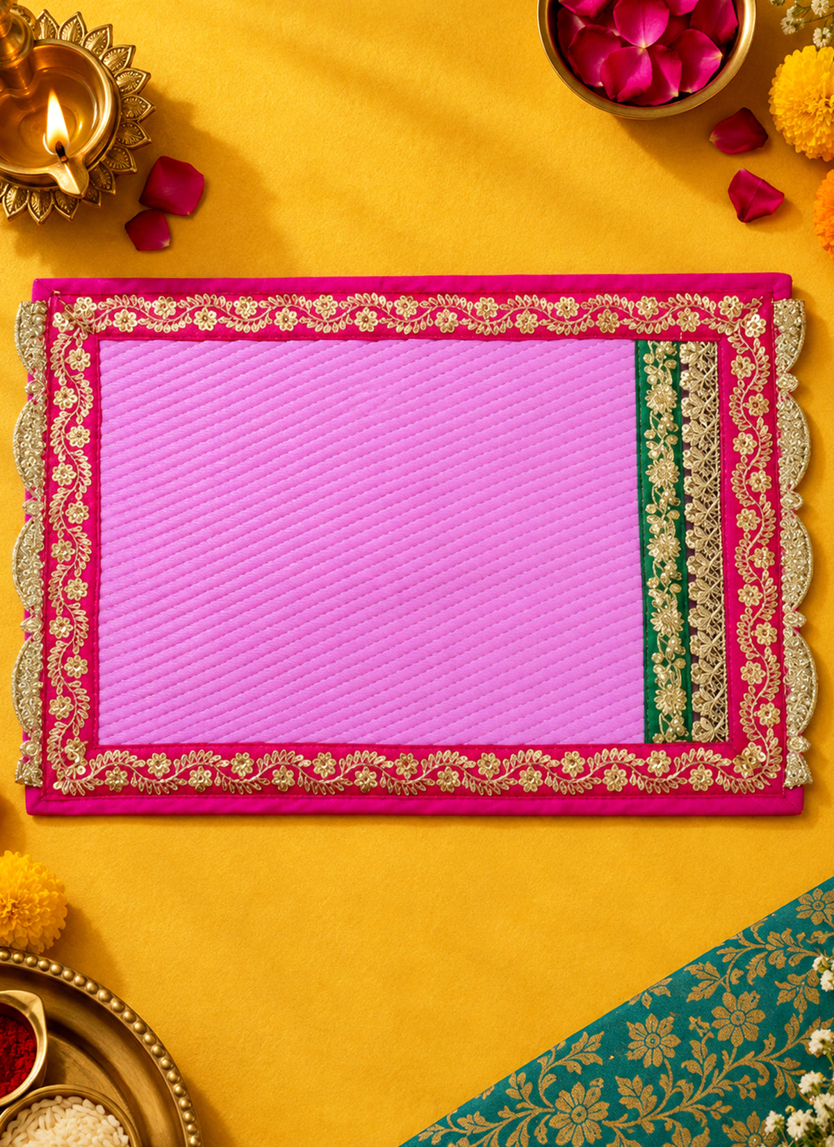 Madhoor Gota Patti Pooja Mat Pink 13 x 18 Inches