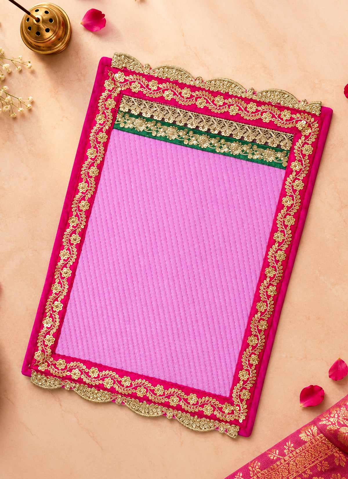 Madhoor Gota Patti Pooja Mat Pink 13 x 18 Inches