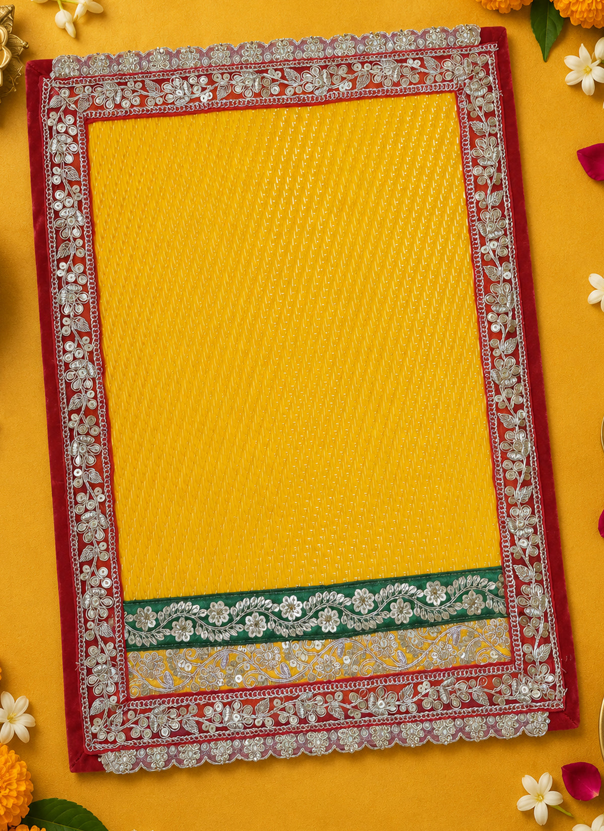 Madhoor Gota Patti Pooja Mat Yellow 13 x 18 Inches