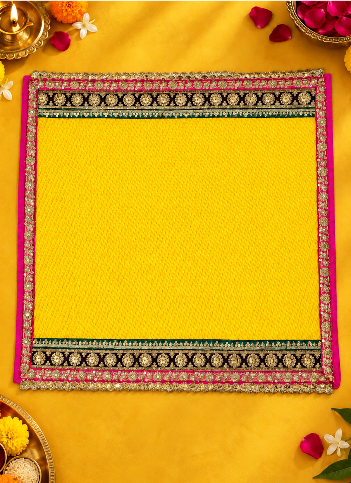 Madhoor Gota Patti Pooja Mat Yellow 24 x 24 Inches