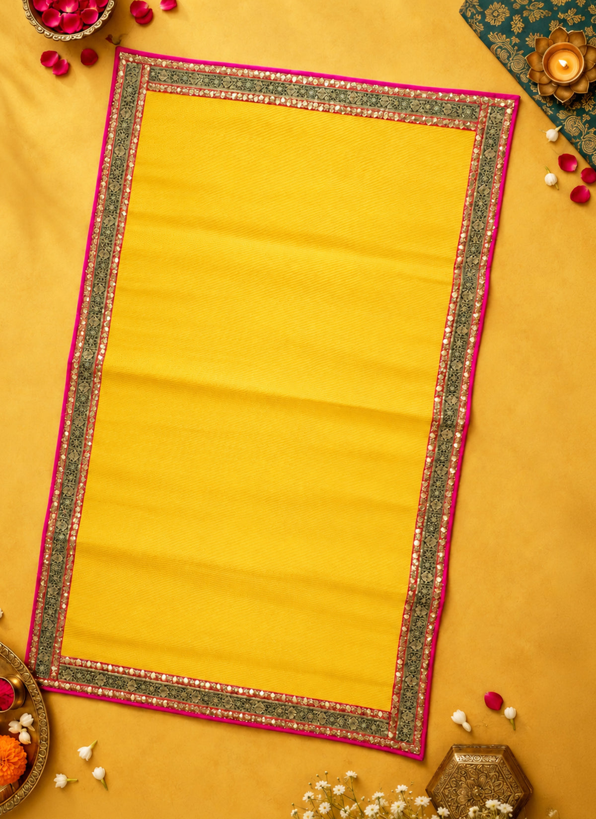 Madhoor Gota Patti Pooja Mat Yellow 48 x 72 Inches