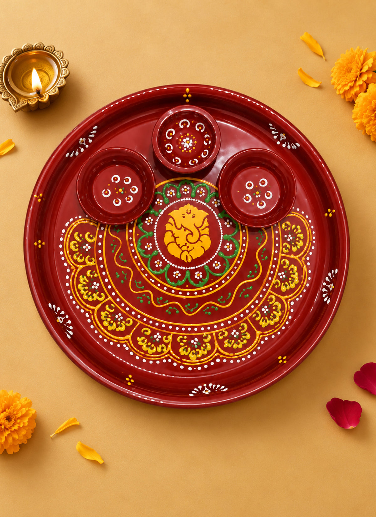 Madhoor Ganesha Diya Pooja Thali Maroon Yellow Green 9 Inches 1 Piece