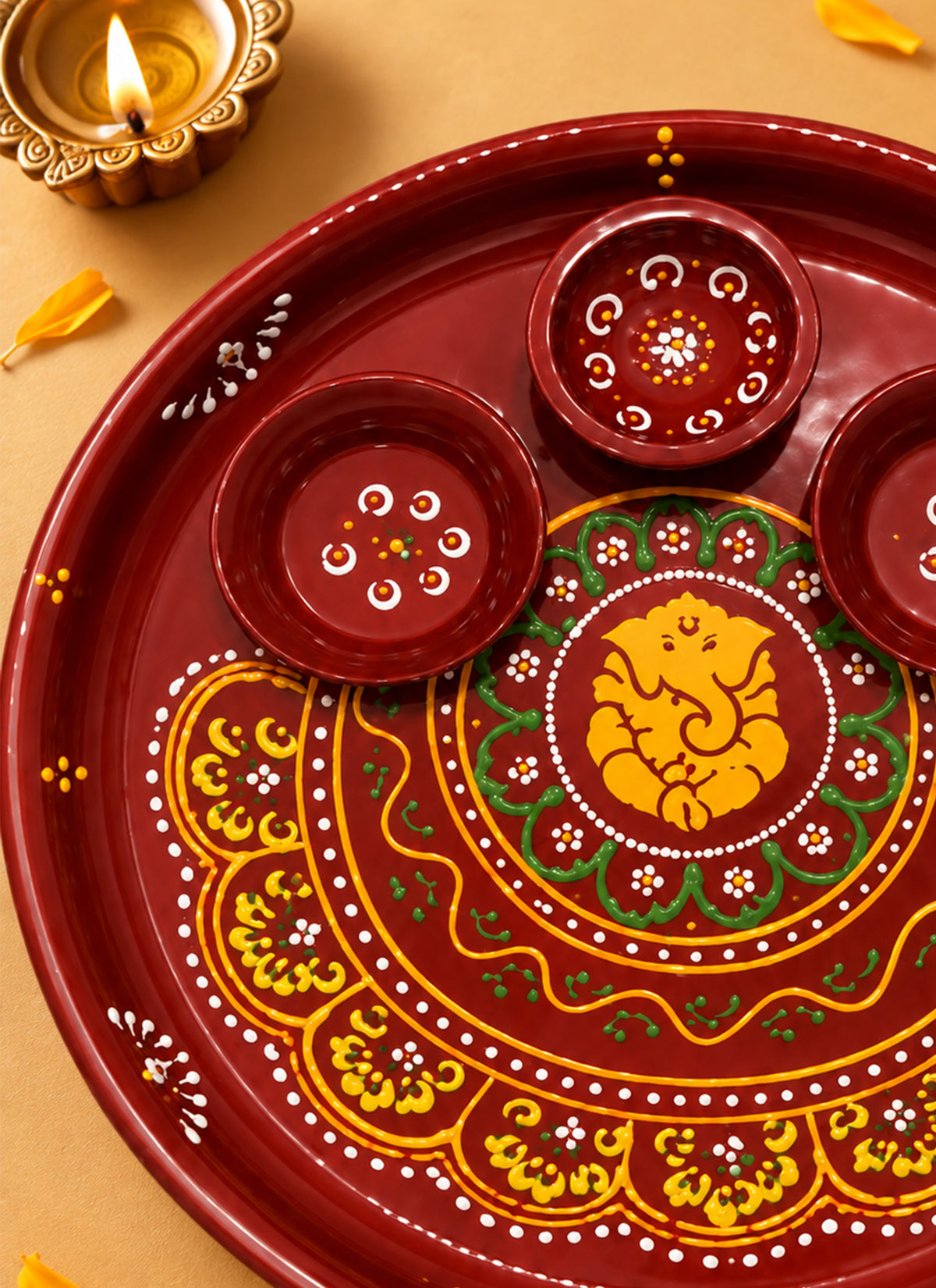 Madhoor Ganesha Diya Pooja Thali Maroon Yellow Green 9 Inches 1 Piece