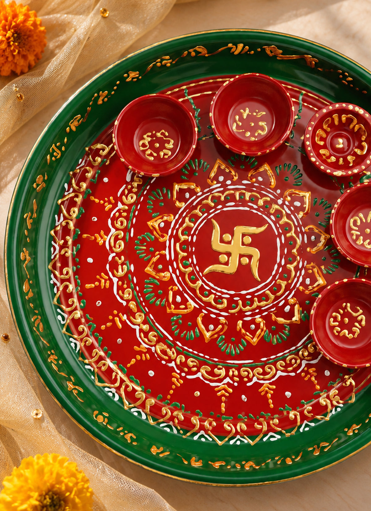 Madhoor Swastik Pooja Thali Red Green Yellow 12 Inches 1 Piece