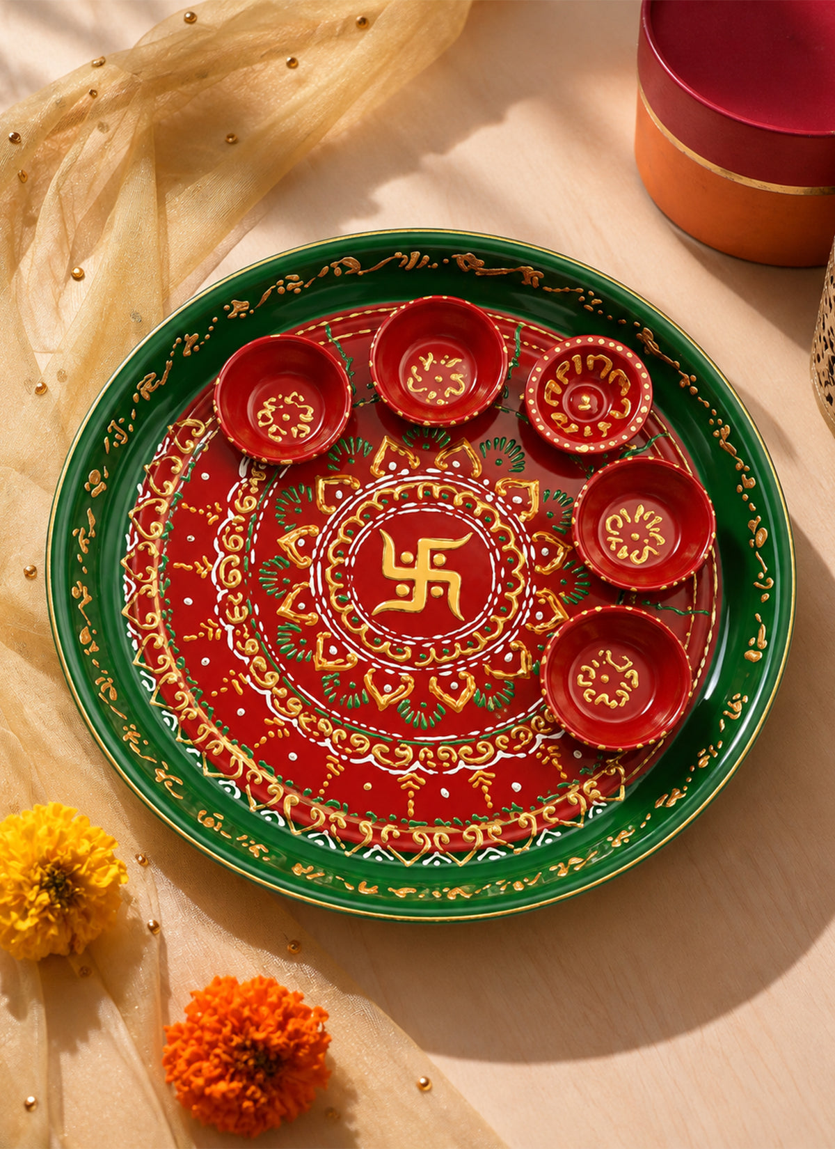 Madhoor Swastik Pooja Thali Red Green Yellow 12 Inches 1 Piece