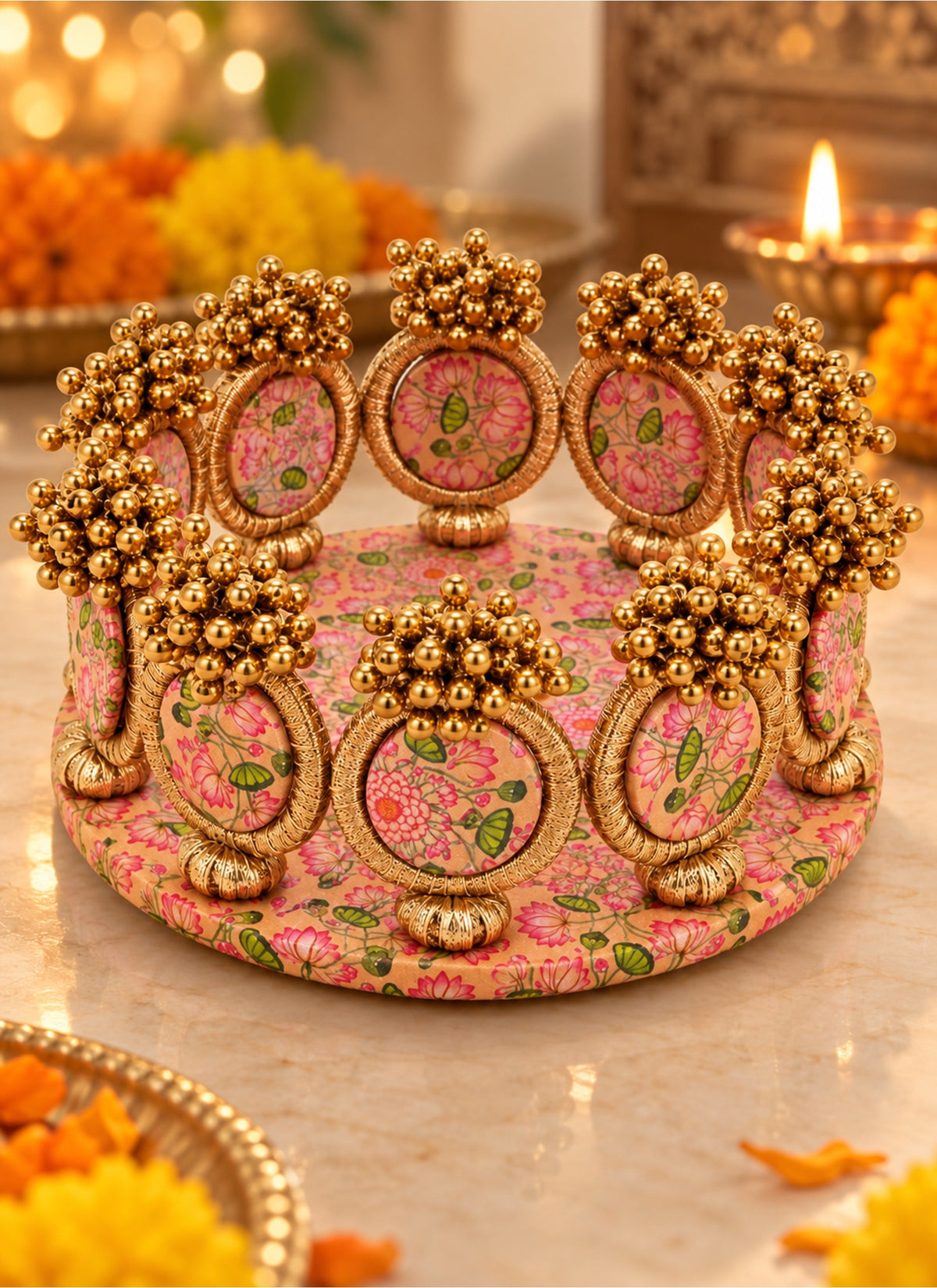 Madhoor Platter Dangler Pichwai Idol Singhasan Pink Beige 7 Inches