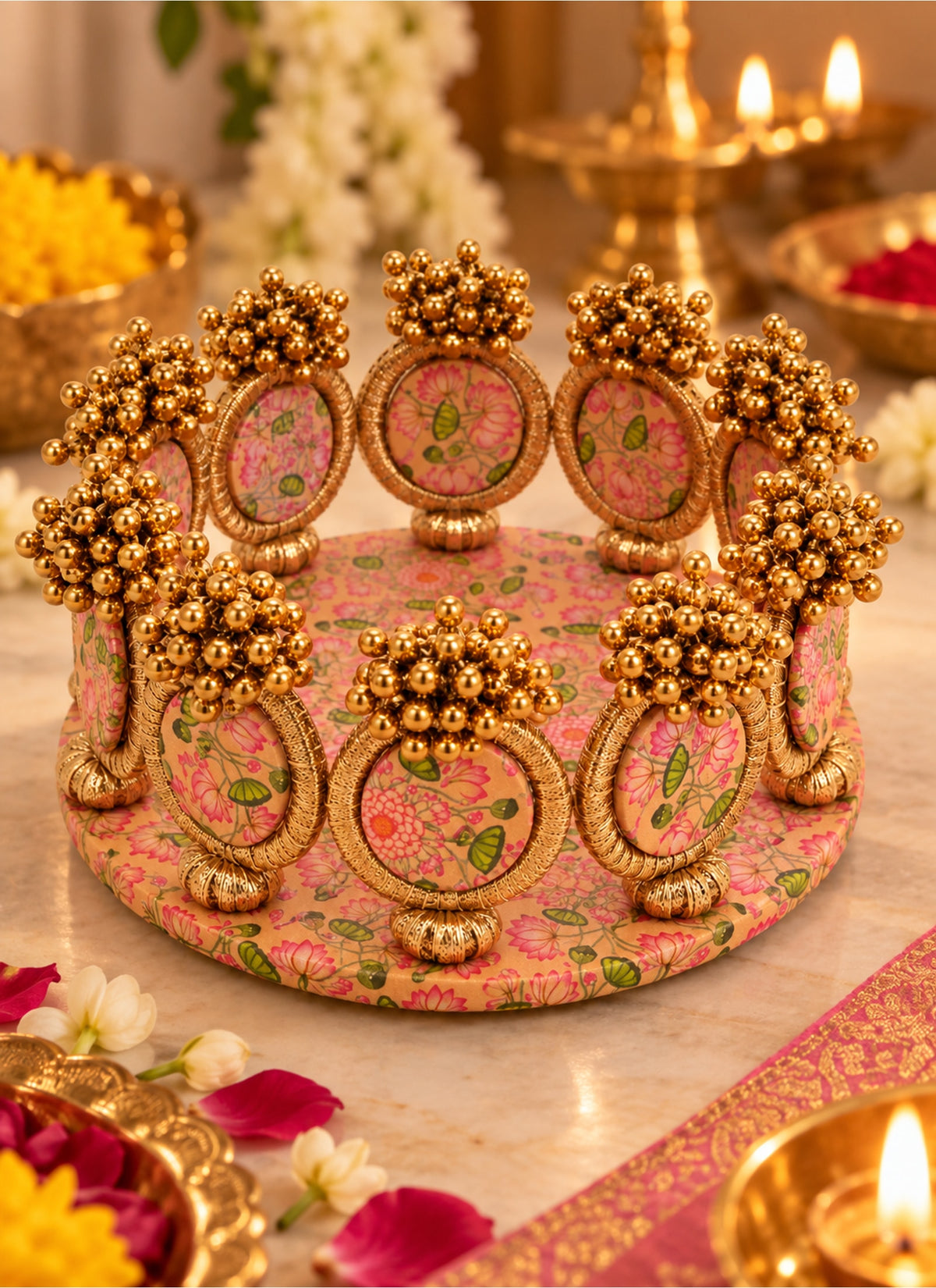 Madhoor Platter Dangler Pichwai Idol Singhasan Pink Beige 7 Inches