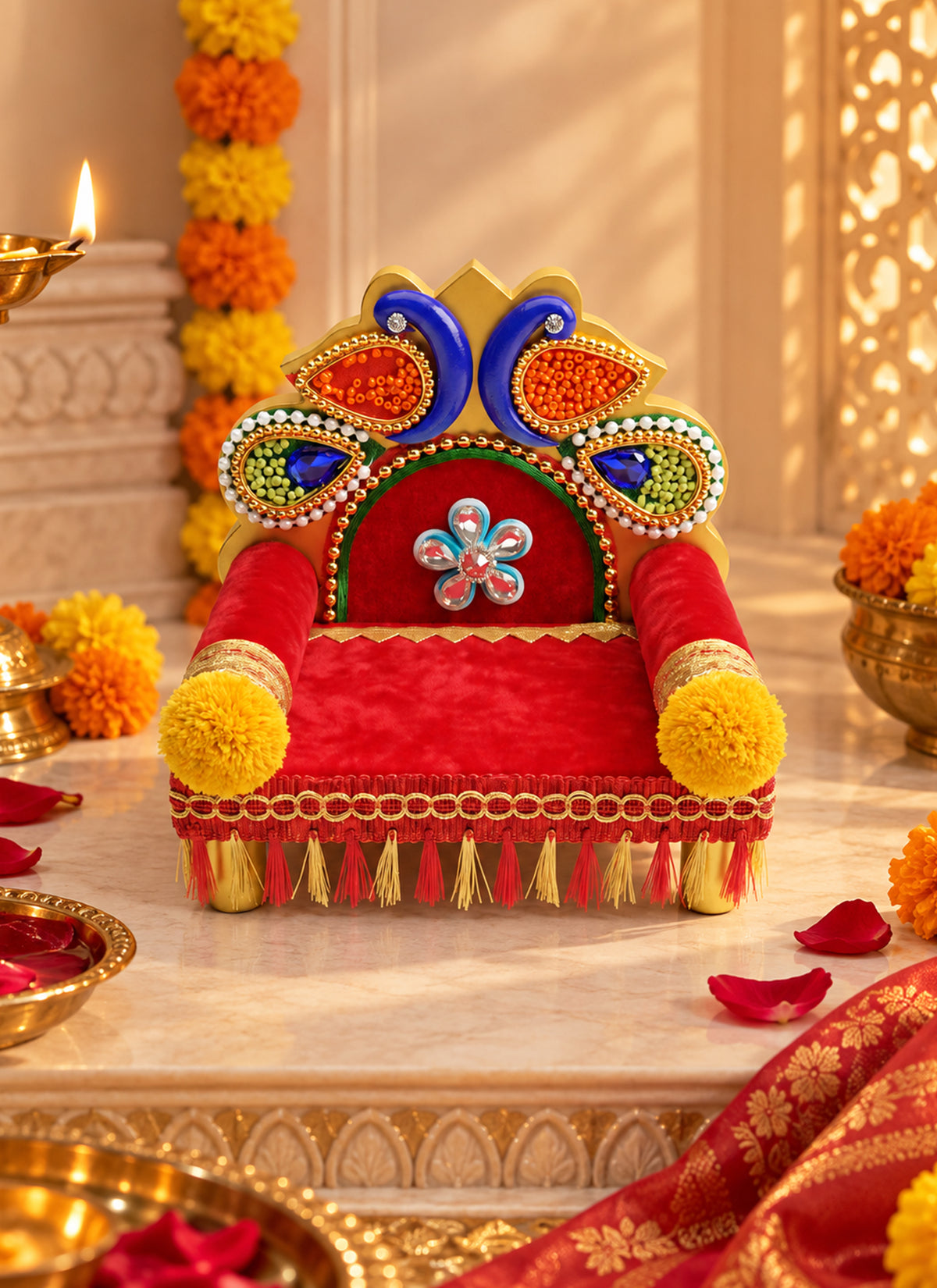 Madhoor Peacock Idol Singhasan Red Blue Yellow 4 x 5 Inches 1 Piece