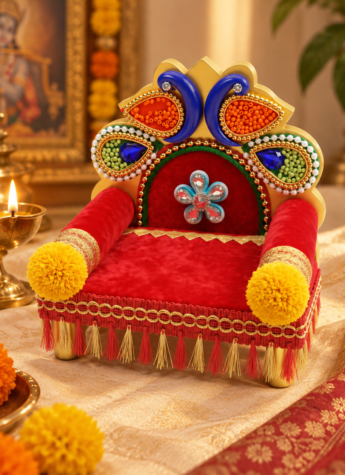 Madhoor Peacock Idol Singhasan Red Blue Yellow 4 x 5 Inches 1 Piece