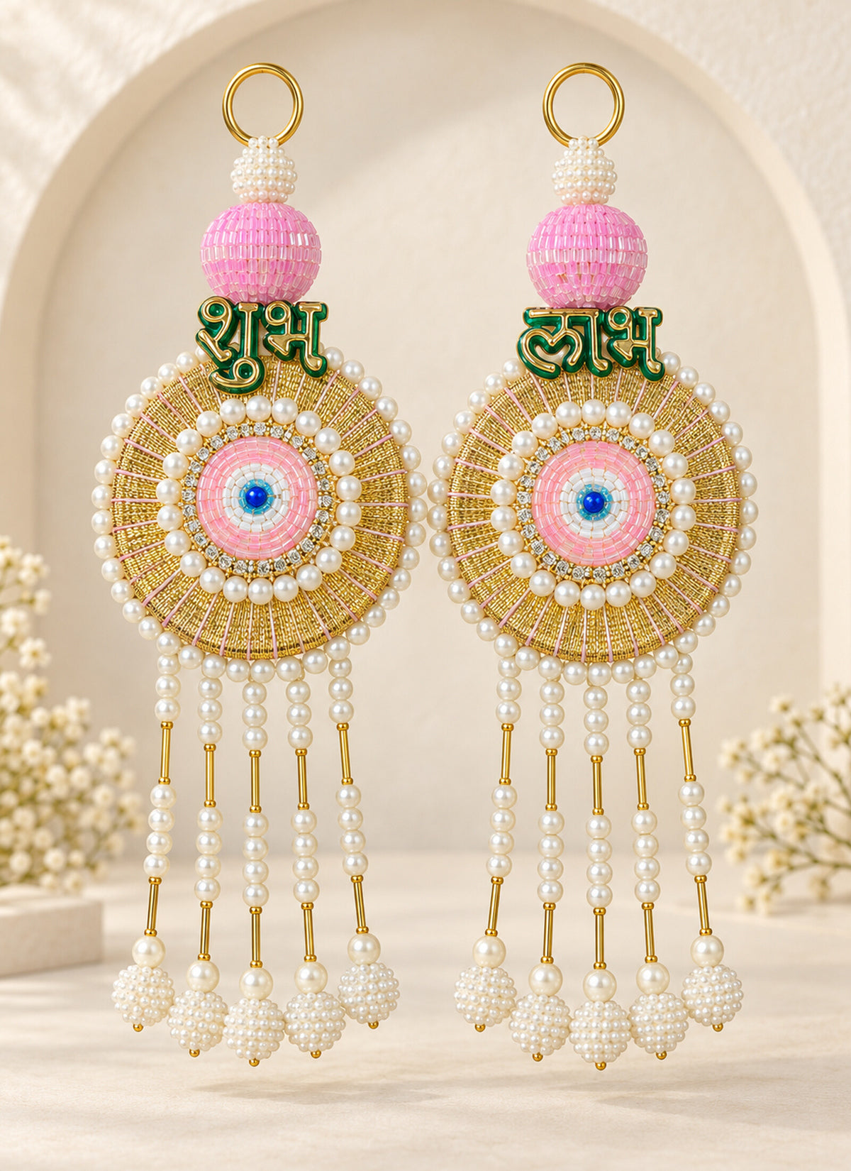 Madhoor Pearl Circle Shubh Labh Hanging Gold-Tone White Pink 1 Pair