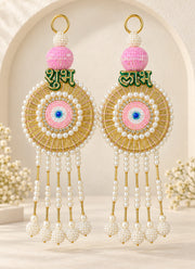 Madhoor Pearl Circle Shubh Labh Hanging Gold-Tone White Pink 1 Pair