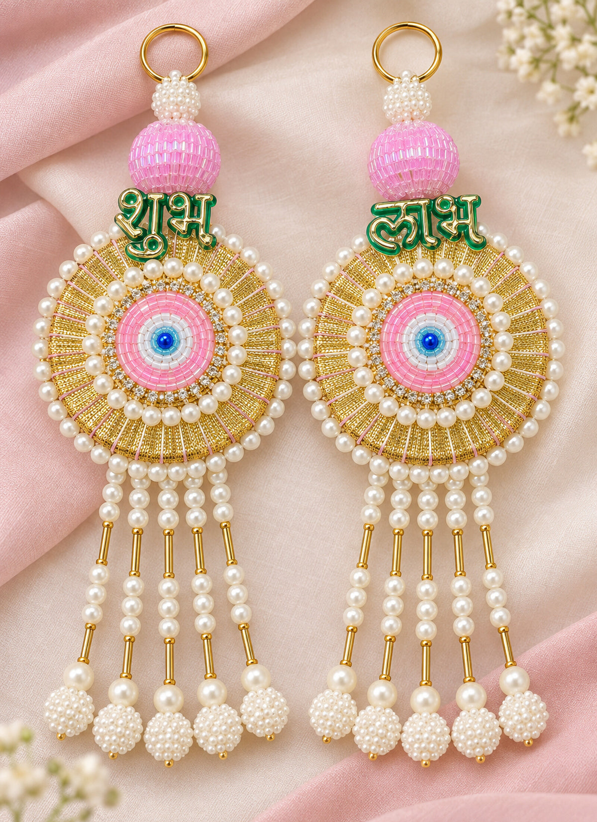 Madhoor Pearl Circle Shubh Labh Hanging Gold-Tone White Pink 1 Pair