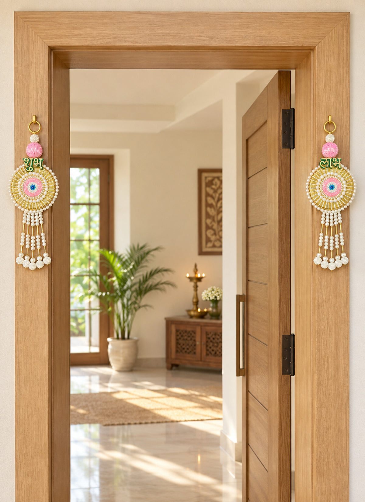 Madhoor Pearl Circle Shubh Labh Hanging Gold-Tone White Pink 1 Pair