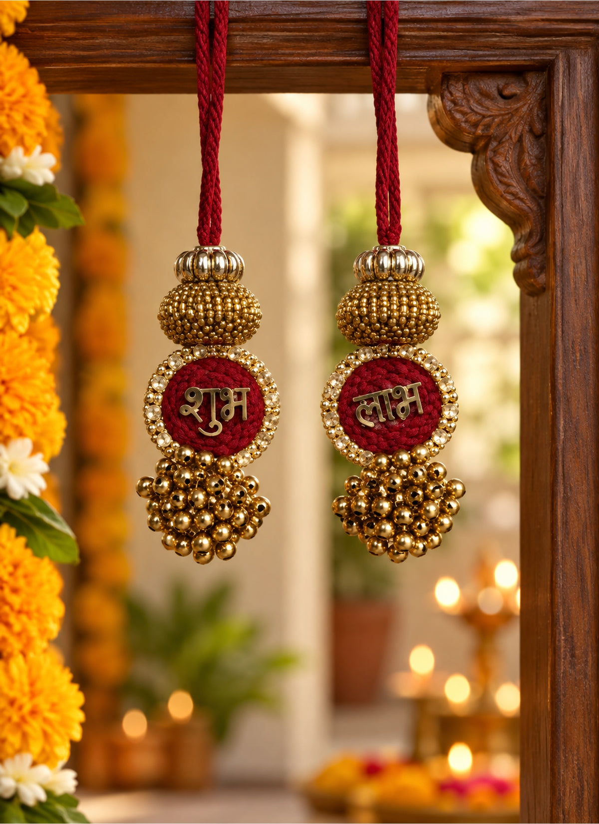 Madhoor Tassel Shubh Labh Hanging Maroon 3.5 Inches Set of 2