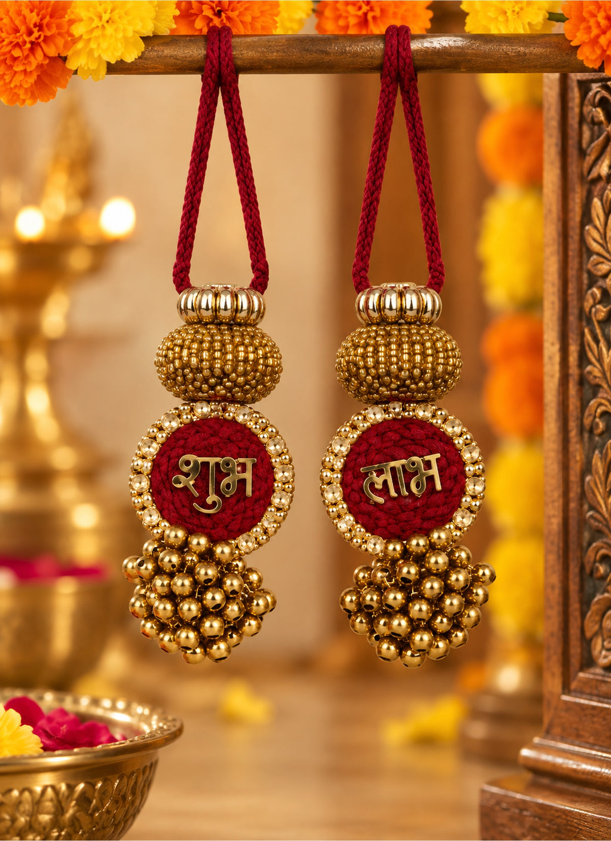 Madhoor Tassel Shubh Labh Hanging Maroon 3.5 Inches Set of 2