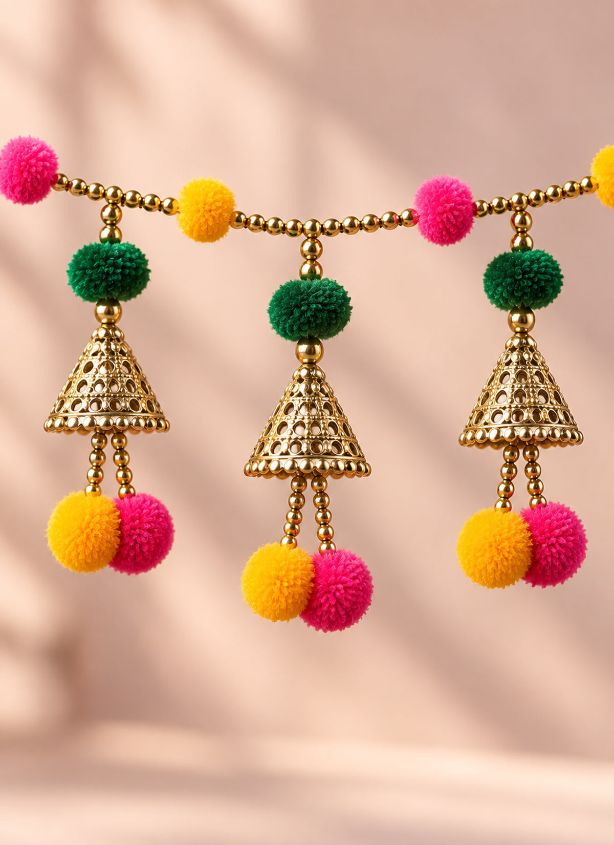 Madhoor Pompom Bell Toran Pink Yellow Green 1 Piece