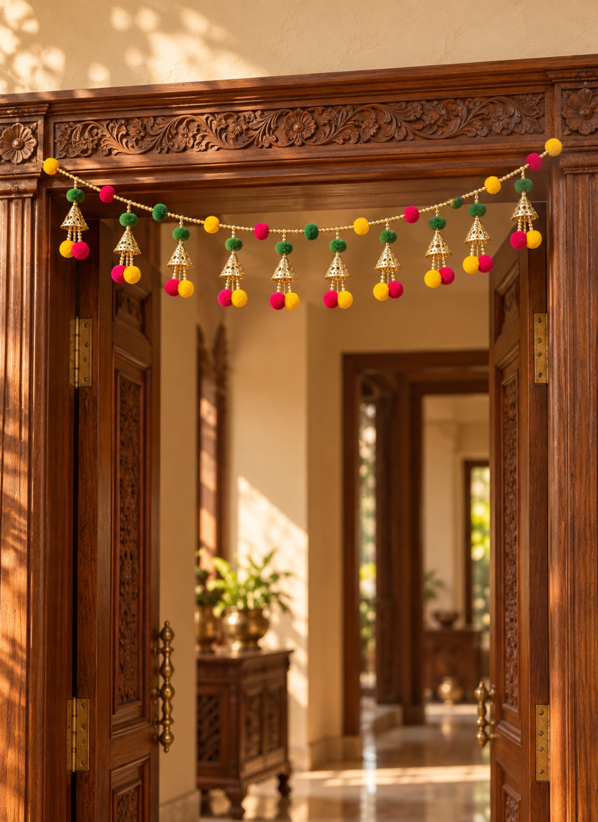 Madhoor Pompom Bell Toran Pink Yellow Green 1 Piece