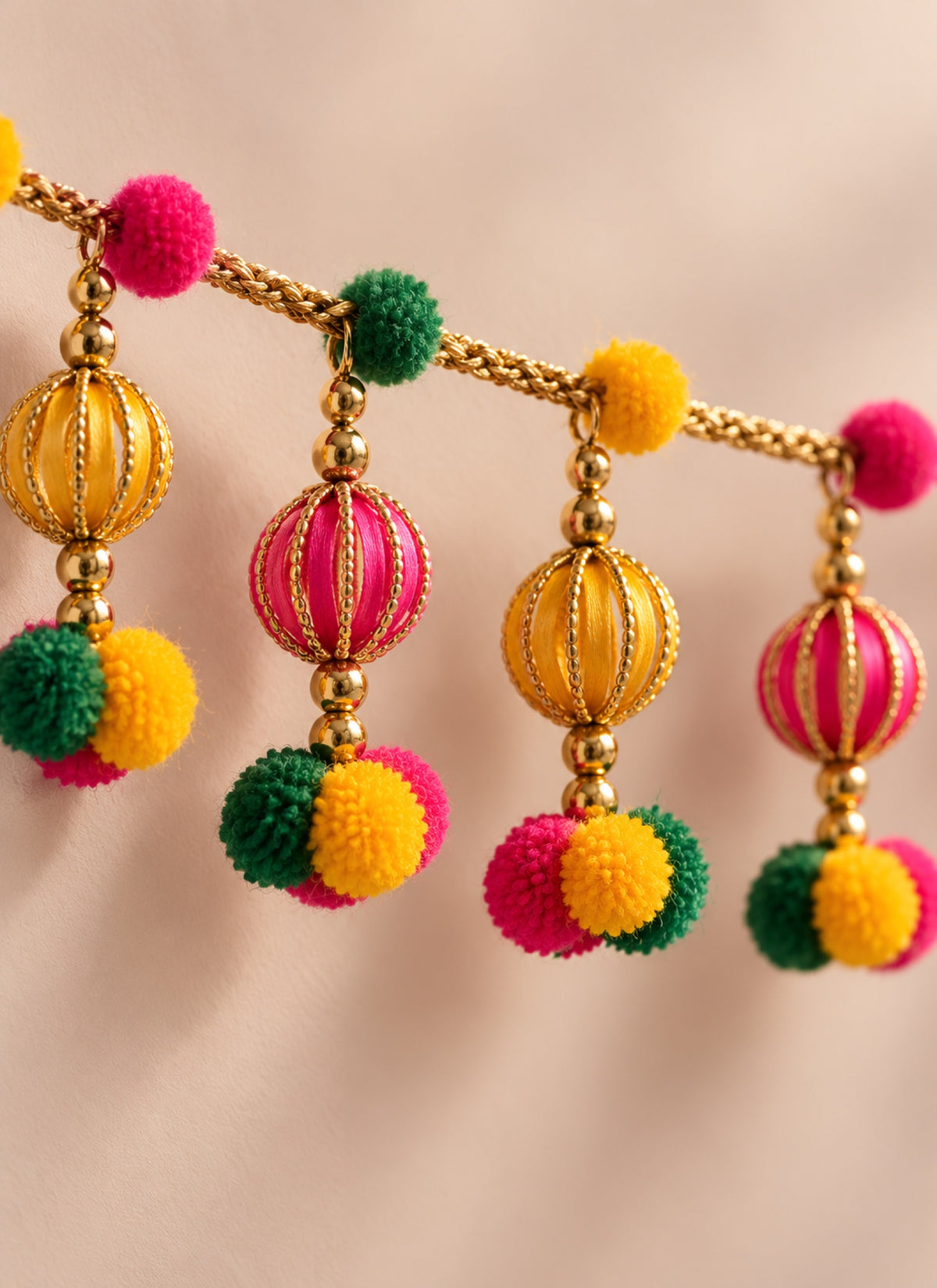 Madhoor Pompom Toran Pink Yellow Green 1 Piece