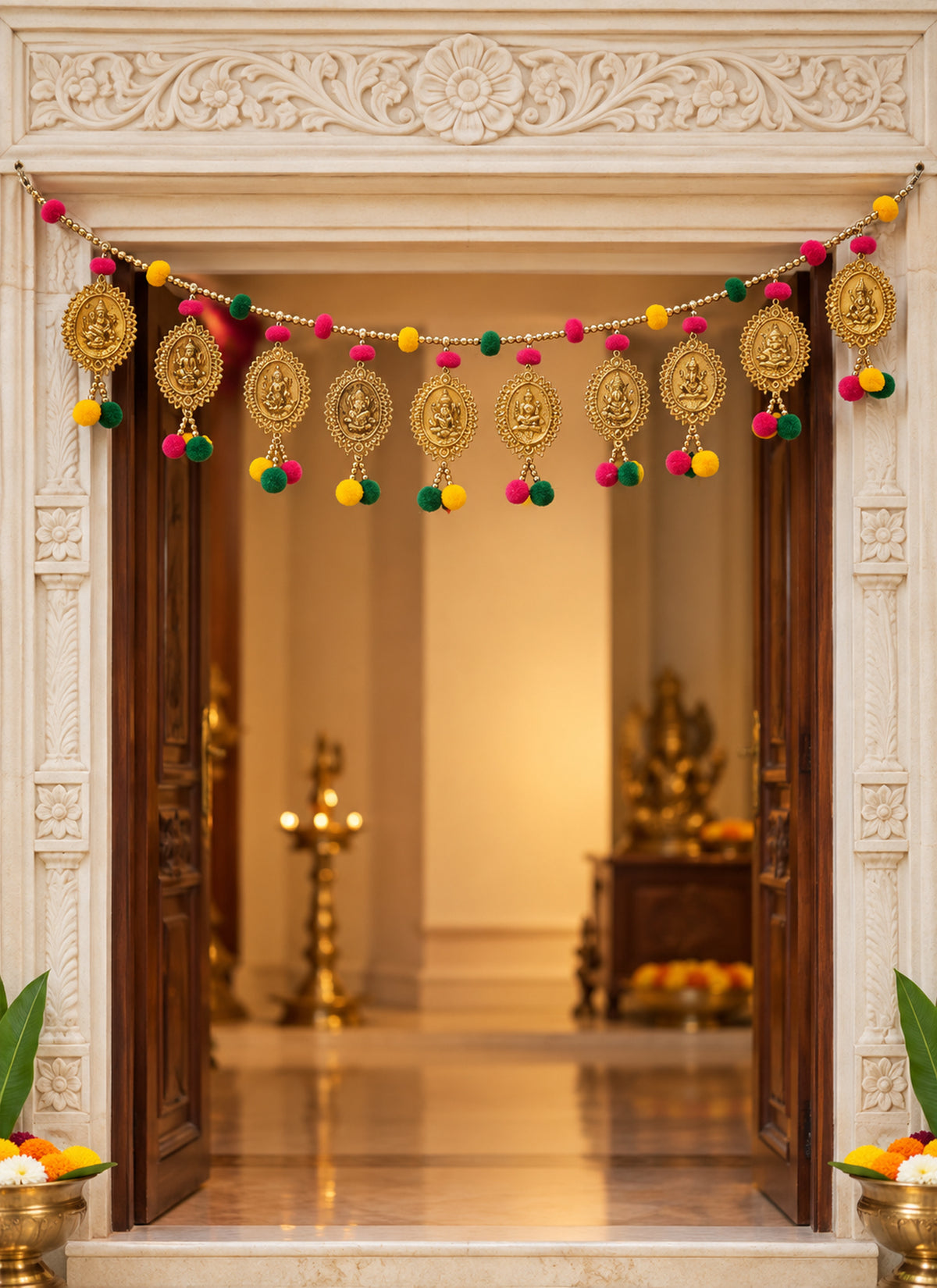 Madhoor Pompom Lakshmi Ganesha Toran Pink Yellow Green 1 Piece